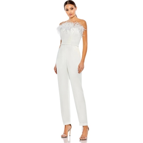 Mac Duggal Pants - Mac Duggal Feather Strapless White Jumpsuit Size 4 NWT